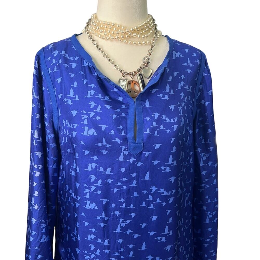 Women’s Elizabeth McKay Long sleeve blue silk tunic top birds size 4 rescue me